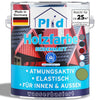 Eine Farbdose mit der Aufschrift plid Plid Wetterschutz Holzfarbe - deckend & wetterfest für innen & außen mit Holzfarben und einem roten Haushintergrund. Hervorzuheben sind Atmungsaktivität, Elastizität, Langzeitschutz und die wasserbasierte Formel. Abgebildet ist die deutsche Flagge.