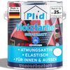 Eine Dose plid Wetterschutz Holzfarbe - deckend & wetterfest für innen & außen, mit rotem Haus, deutscher Flagge und Symbolen für Atmungsaktivität, Elastizität und Eignung. Gekennzeichnet mit Made in Germany, Langzeitschutz, wasserbasiert.