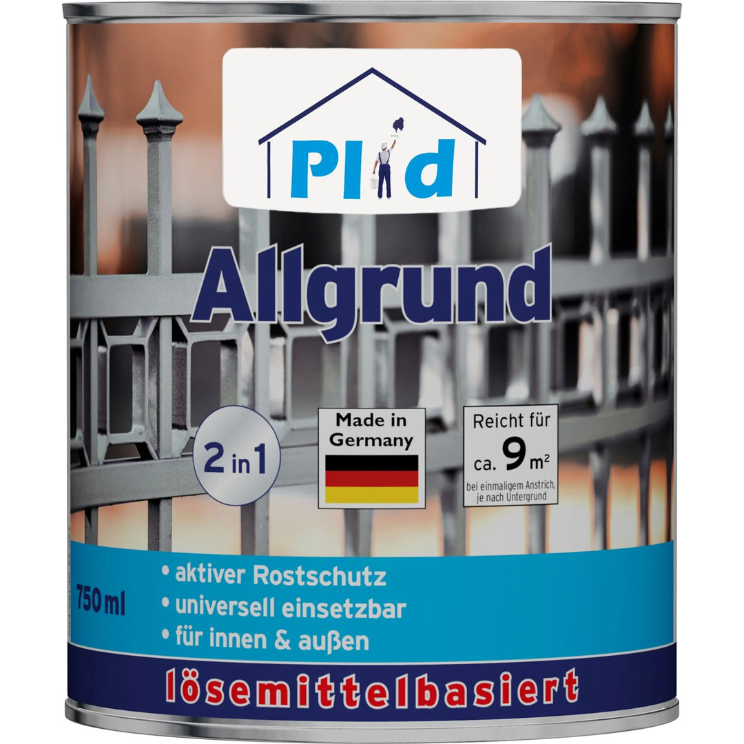 Eine 750-ml-Dose plid Allgrund - Universal-Haftgrund für Metall, Holz & Kunststoff, eine lösemittelhaltige Grundierung mit Korrosionsschutz für den Innen- und Außenbereich. Mit Metallzaunmotiv, "Made in Germany"-Plakette und blauem 2-in-1-Symbol.