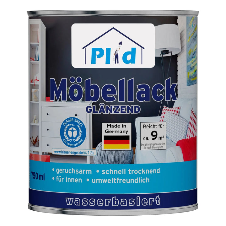 Eine 750ml Dose plid Plid Möbellack - kratzfest &amp; seidenmatt für Holz &amp; Innenbereiche. Auf Wasserbasis, geruchsarm, schnell trocknend, umweltfreundlich, deckt ~9m². Für den Innenbereich geeignet. Hergestellt in Deutschland.