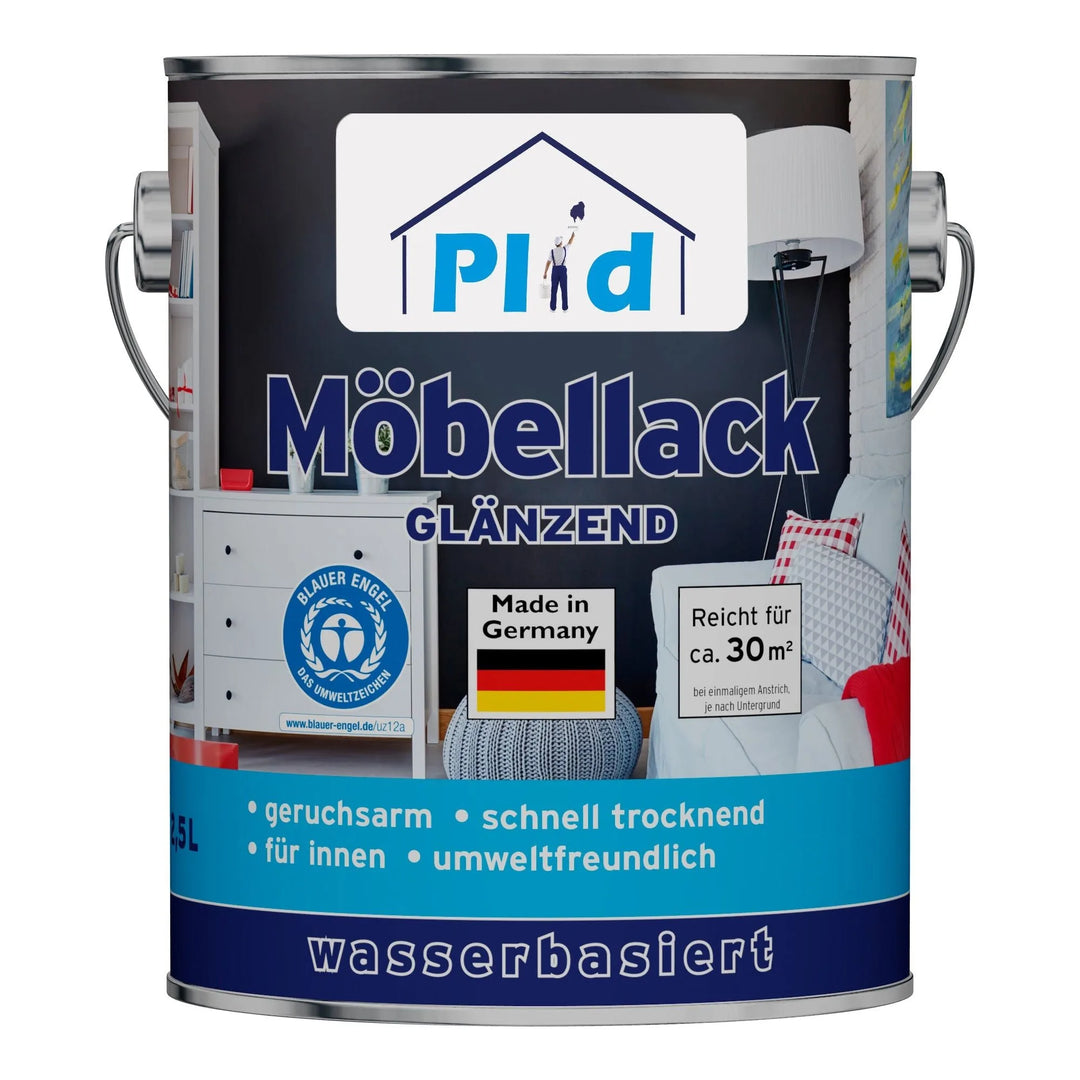 Eine Farbdose mit der Aufschrift plid Plid Möbellack - kratzfest &amp; seidenmatt für Holz &amp; Innenbereiche, Made in Germany, wasserbasiert. Das Design zeigt Möbelbilder, Icons und hebt Kratzfestigkeit, Geruchsarmut, schnelle Trocknung und Umweltfreundlichkeit hervor.