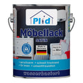 Eine Dose plid Plid Möbellack - kratzfest & seidenmatt für Holz & Innenbereiche mit blauem Etikett, deutschem Text und Symbolen, die zeigen, dass es wasserbasiert, geruchsarm, schnell trocknend, umweltfreundlich, kratz- und abriebfest und in Deutschland hergestellt ist.