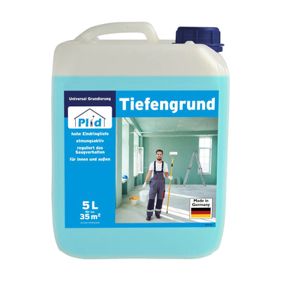 Eine 5-Liter plid Tiefengrund lösemittelfrei für saugende Untergründe trägt ein blaues Etikett mit einem Mann, der eine Farbrolle benutzt, deutschen Produktinformationen, tiefenwirksamer Grundierung" und einem Made in Germany"-Abzeichen.
