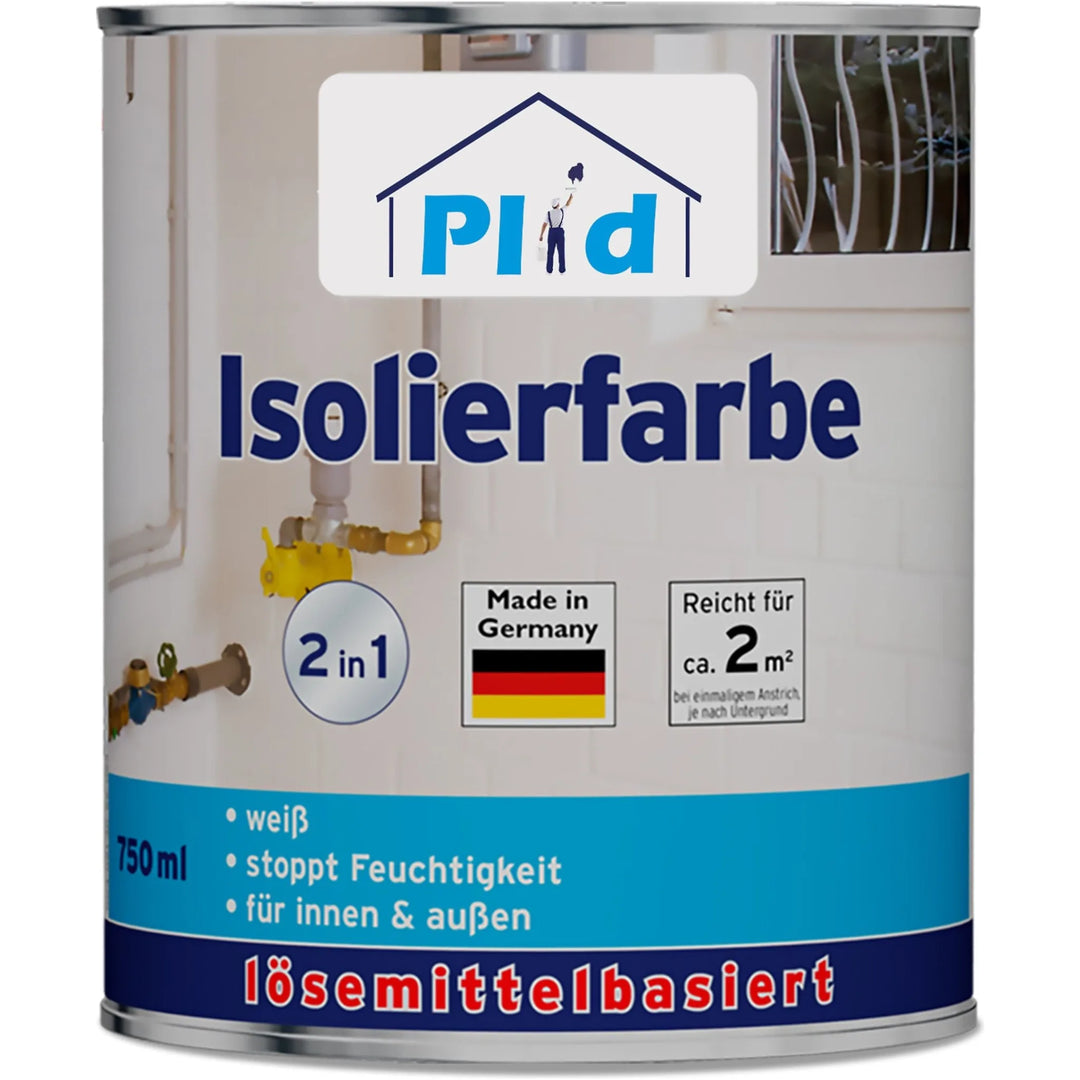 Eine 750ml Dose plid Isolierfarbe lösemittelbasiert - deckt Nikotin &amp; Wasserflecken, weiß, made in Germany für innen/außen. Deckt 2m² ab; starke Sperrwirkung gegen Flecken. Mit "plid" und Hauslogo auf dem Deckel.