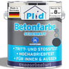 Eine Dose plid Plid Betonfarbe für Böden & Wände - abriebfest & wetterbeständig, eine deutsche Farbe auf Wasserbasis für den Innen- und Außenbereich; hoch abriebfest, deckt 8 m² und ist in den Farben Weiß, Blau und Grau gehalten.