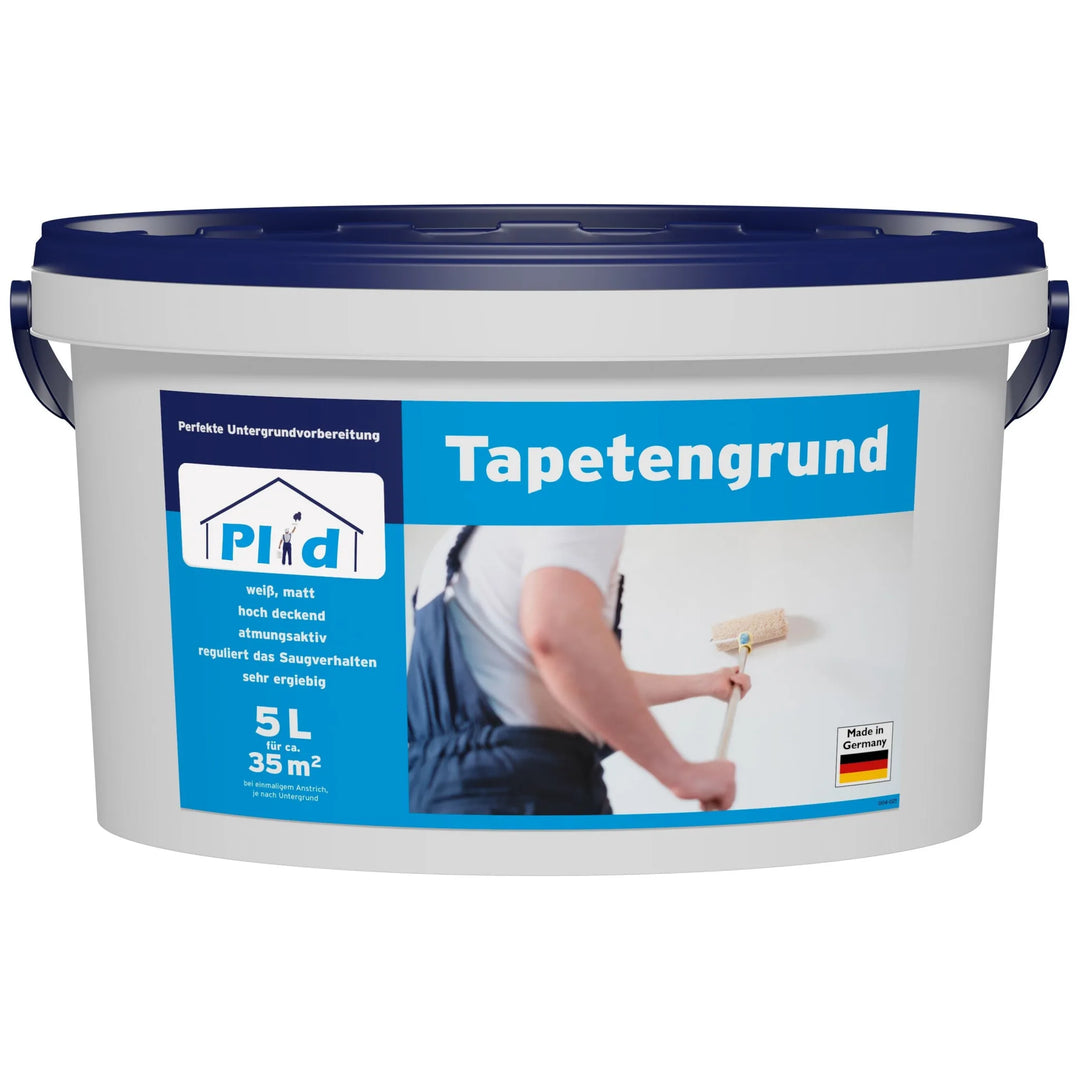 Ein großer 5-Liter-Behälter von plid Plid Tapetengrund in Weiß und Blau bedeckt 35 m². Verfügt über ein Wandmalereibild. Ideal für Tapezierarbeiten & Untergrundvorbereitung. Haftvermittelnd, saugausgleichend, hergestellt in Deutschland.