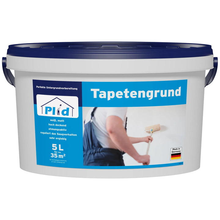 Ein großer 5-Liter-Behälter von plid Plid Tapetengrund in Weiß und Blau bedeckt 35 m². Verfügt über ein Wandmalereibild. Ideal für Tapezierarbeiten &amp; Untergrundvorbereitung. Haftvermittelnd, saugausgleichend, hergestellt in Deutschland.