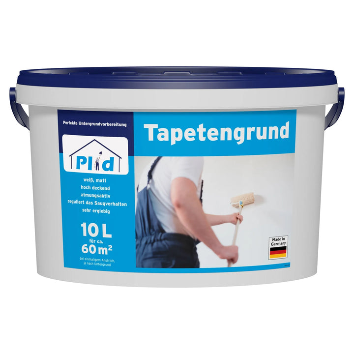 Ein weißer 10-Liter-Eimer von plid Plid Tapetengrund - haftvermittelnd &amp; saugausgleichend für Innen, mit einem blauen Deckel. Das Etikett zeigt eine Person, die einen Farbroller benutzt, hat deutsche Informationen und zeigt die Made in Germany Flagge.