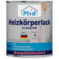 Eine Dose plid Heizkörperlack LH lösemittelhaltig glänzend, hitzebeständig bis 80°C mit Rostschutz, reicht für 9 m²; made in Germany, blau-weißes Design zeigt einen Heizkörper und eine Person beim Streichen.