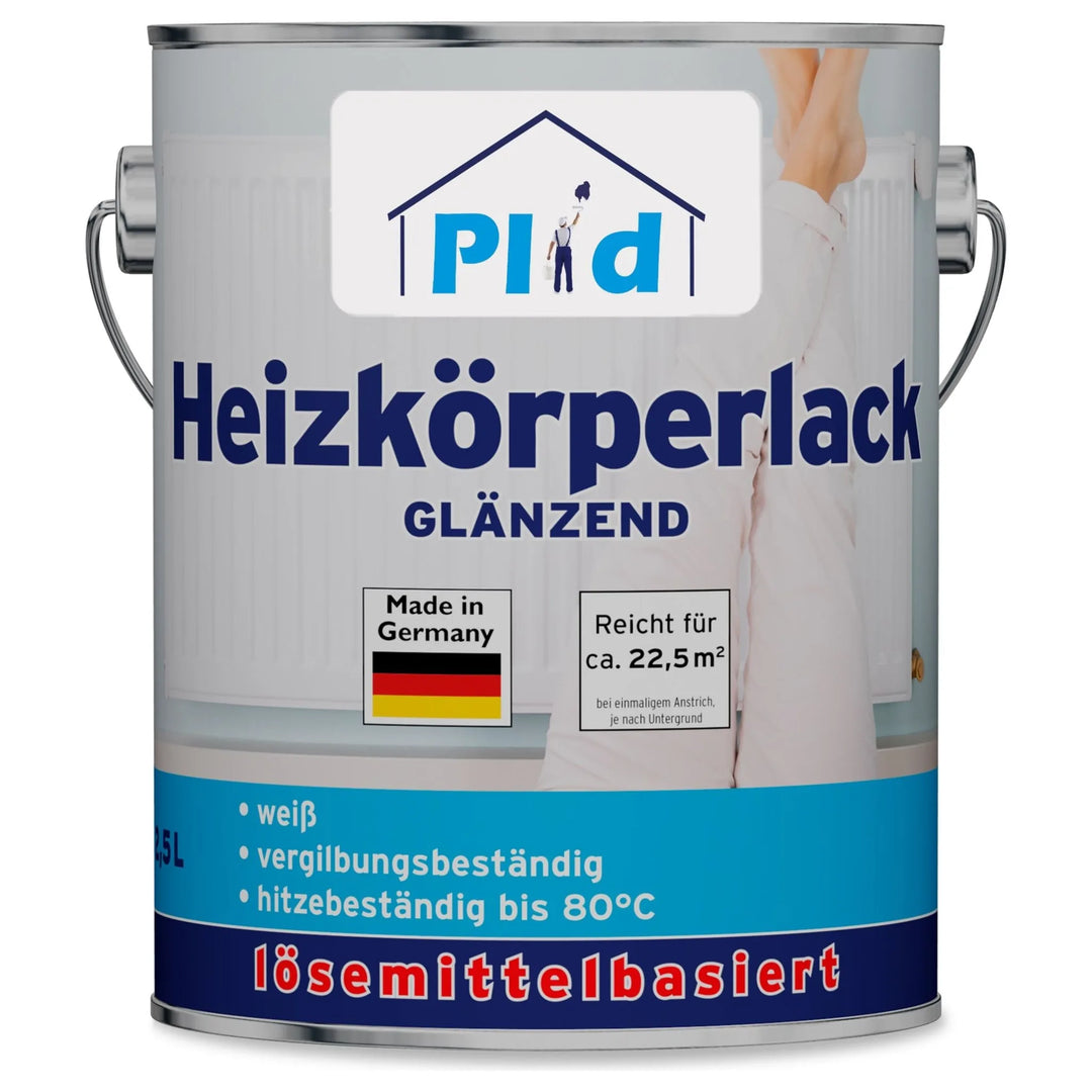 Eine Dose Heizkörperlack LH von plid, mit einem Hauslogo, made in Germany. Weiße, lösemittelhaltige Farbe bietet Rostschutz, deckt ~22,5 m², und ist hitzebeständig bis 80°C.