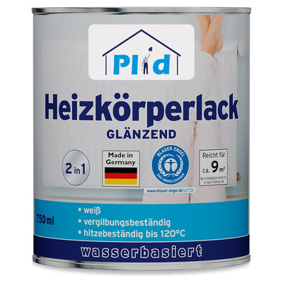 Eine 750 ml Dose plid Plid Heizkörperlack LF lösemittelfrei - hitzebeständig & geruchsarm, wasserbasierte glänzend weiße Heizkörperfarbe aus Deutschland, nicht vergilbend, deckt 9 m², hitzebeständig bis 120°C.