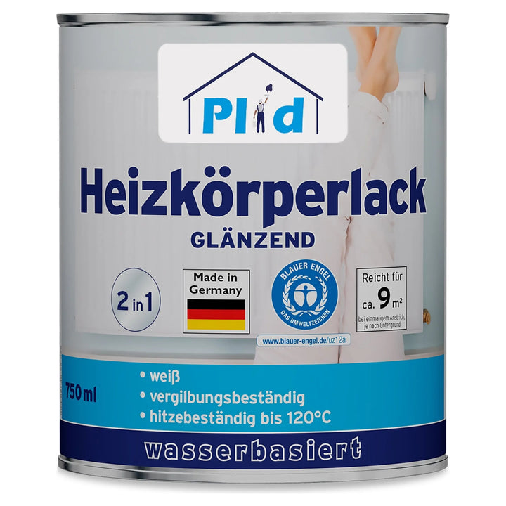 Eine 750 ml Dose plid Plid Heizkörperlack LF lösemittelfrei - hitzebeständig &amp; geruchsarm, wasserbasierte glänzend weiße Heizkörperfarbe aus Deutschland, nicht vergilbend, deckt 9 m², hitzebeständig bis 120°C.