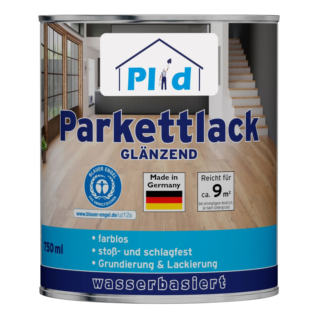 Eine 750 ml Dose plid Treppen &amp; Parkettlack - schnell trocknend &amp; abriebfest Bodenlack. Auf dem Etikett sind ein glänzender Holzboden, deutsche Produktinformationen und Zertifizierungslogos wie Made in Germany und Blauer Engel abgebildet.
