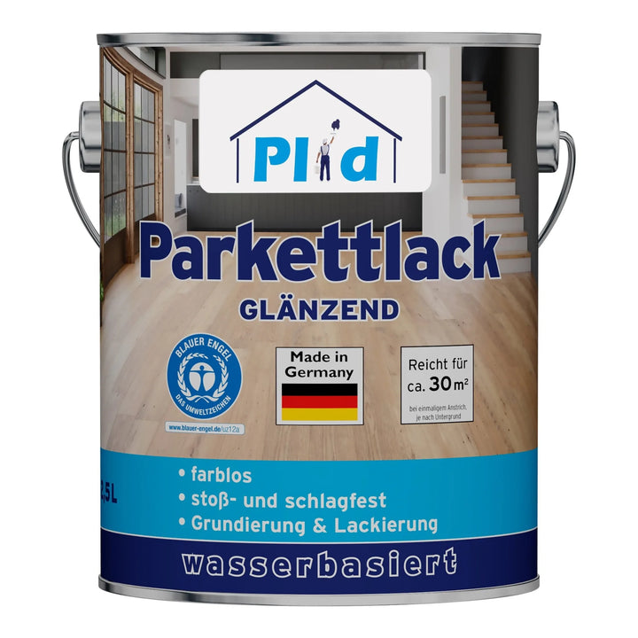 Eine Metalldose plid Plid Treppen &amp; Parkettlack - schnell trocknend &amp; abriebfest, blaues Etikett, Made in Germany; wasserbasiert, farblos, schlagfest; reicht für 30 m². Produktangaben auf dem Etikett sind in deutscher Sprache.