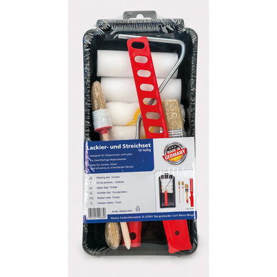 Das plid Streichset-Lackierset 10-tlg enthält Pinsel, Rollen, einen roten Rahmen, eine Farbwanne und wird in einer Kunststoffverpackung mit blauem Info-Etikett geliefert - ideal für Malerarbeiten.