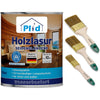 Eine Dose plid Holzlasur - Anstreichset mit der Aufschrift Made in Germany und deutschen Produktangaben wie witterungsbeständiger Holzschutz ist neben drei verschiedenen Pinseln und einem Bild zur Verwendung von Holz abgebildet.