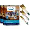 Das plid Holzlasur - Anstreichset beinhaltet zwei seidenmatte Dosen made in Germany und drei grünstielige Pinsel, perfekt für den witterungsbeständigen Holzschutz drinnen und draußen.