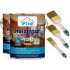 Zwei Dosen plid Holzlasur - Anstreichset mit der Aufschrift Made in Germany werden neben drei Pinseln mit grünem Stiel präsentiert. Die Dosen sind innen mit Holzbildern versehen, die den effektiven Holzschutz betonen.
