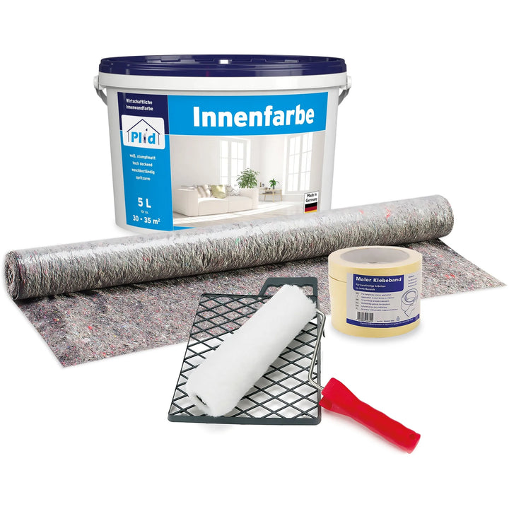 Das plid Plid Innenfarbe - hochdeckend, tropfarm &amp; geruchsarm Abdeckset von plid beinhaltet einen 5L Eimer Farbe, Rolle mit Ablage, Abdeckband, roten Spachtel und zwei Bodenbeläge - ideal für Ihr nächstes emissionsfreies Innenraumprojekt.