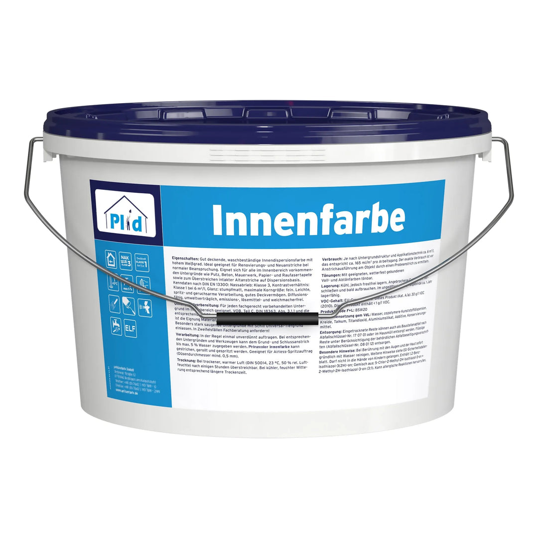 Ein weißer Kunststoffeimer mit blauem Deckel und Metallgriff, beschriftet mit "plid Plid Innenfarbe - hochdeckend, tropfarm &amp; geruchsarm Abdeckset", mit blauer und weißer Schrift/Ikonen. Ideal für alle, die eine hochdeckende Innenwandfarbe suchen.