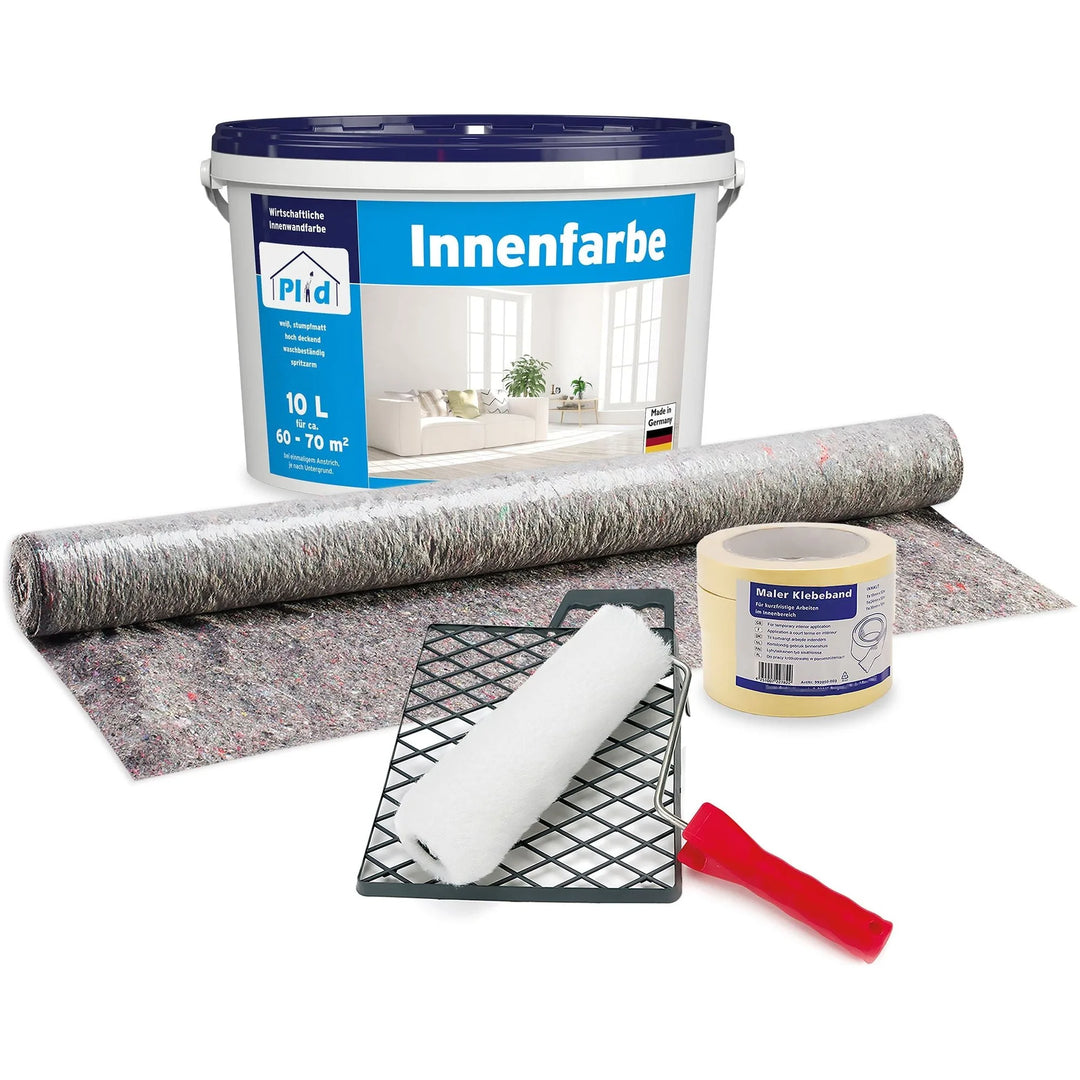 Das plid Plid Innenfarbe - hochdeckend, tropfarm &amp; geruchsarm Abdeckset beinhaltet einen großen Farbeimer, Rolle mit Ablage, Abdeckband, roten Spachtel und Bodenbelag - ideal für den emissionsfreien Innenanstrich.