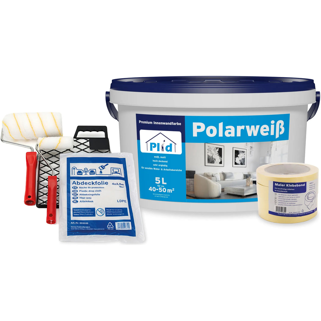 Plid Innenfarbe - Streichset: 5L Polarweiß für Wände & Decken, inkl. Farbroller, Abstreifgitter, Farbschale, Abdeckfolie und Malerkrepp - alles für ein perfektes Streichergebnis.
