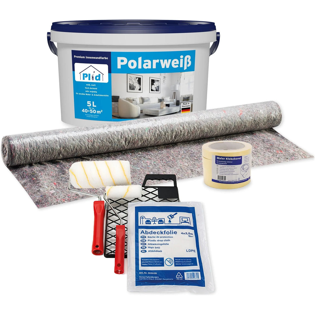 Das plid Innenfarbe - Premiumset enthält Dispersionsfarben, eine Rolle, Schale, Pinsel, Abdeckband, Staubschutzfolie und Schutzvlies - perfekt zum Streichen von Raufasertapeten oder Gipskartonplatten.