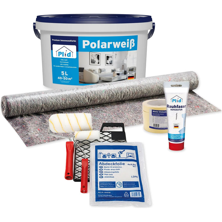 Das plid Innenfarbe - Renovierset enthält einen Polarweiß-Farbeimer, Rolle, Pinsel, Abdeckband, Raufasertapeten-Kleber, Schutzrolle, Schale und Leimspachtel - alles, was Sie zum Streichen und Tapezieren brauchen.