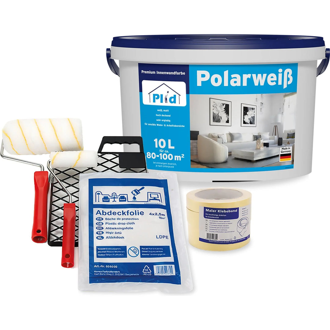 Das plid Innenfarbe - Streichset ist ideal für Wände und Decken und enthält einen 10L Eimer Farbe, zwei Rollen mit Griffen, ein Tablett, Abdeckband und Schutzfolie.