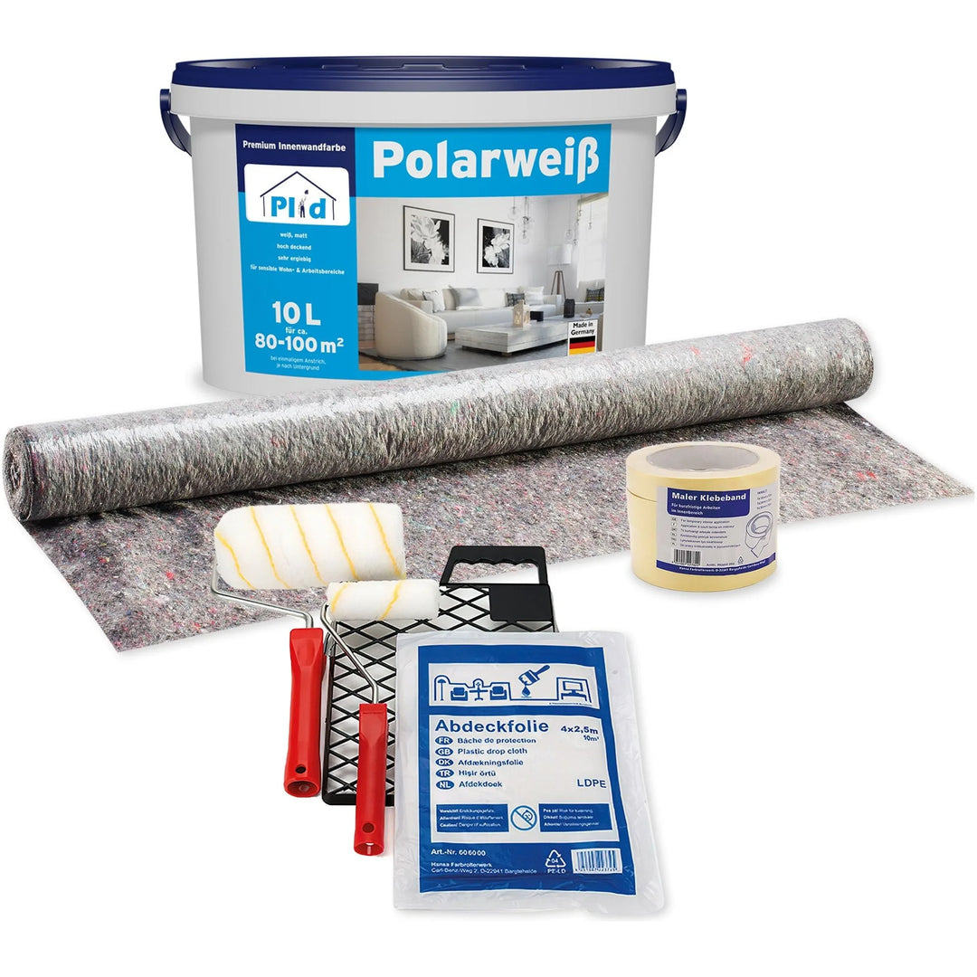 Das plid Innenfarbe - Premiumset enthält einen großen Eimer Farbe, eine schützende Geweberolle, Abdeckband, zwei Rollen mit Griffen, ein Farbwannengitter und eine Schutzfolie - ideal für Gipskartonplatten oder Raufasertapeten.