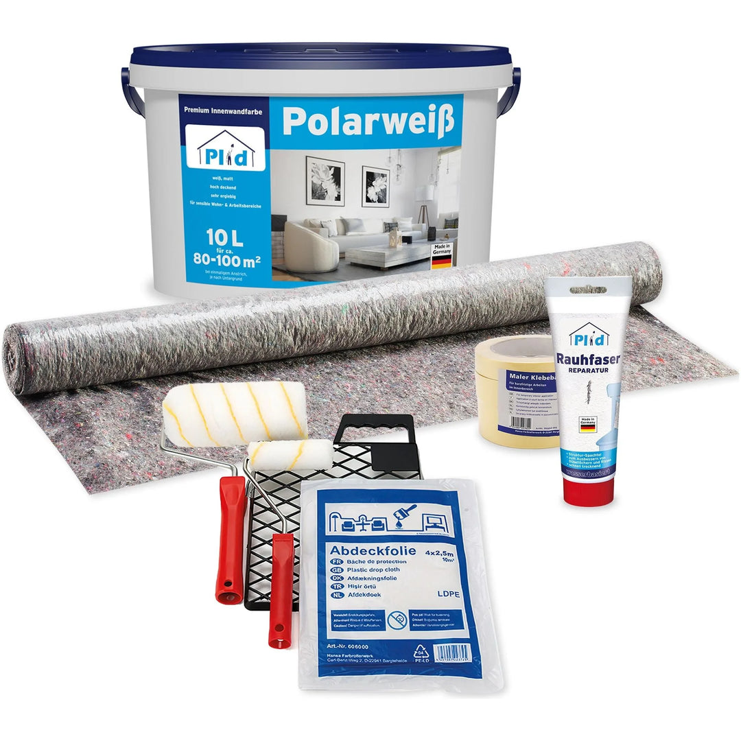 Das plid Innenfarbe - Renovierset enthält Polarweiss Dispersionsfarben, einen Roller mit Schale, Malerband, Reparaturpaste, Abdeckfolie, Schutzfolie und Bodenbelag - ideal für Raufasertapeten und Kunstharzputze.