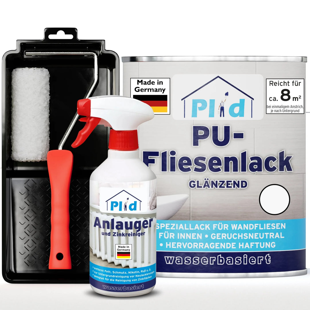 Das plid PU-Fliesenlack Set mit Anlauger und Lackierset enthält einen Roller, ein Tablett, einen Anlauger, eine Zinkreiniger-Sprühflasche und einen glänzenden Fliesenlack auf Wasserbasis - ideal für alle, die Fliesen in Bad & Küche renovieren wollen.