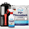 Das plid PU-Fliesenlack Set mit Anlauger und Lackierset enthält einen Roller, eine Schale, eine Sprühflasche und 8 m² Fliesenlack auf Wasserbasis für Bad & Küche, glänzendes Finish. Made in Germany - perfekt für die Fliesensanierung im Innenbereich.