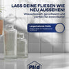Zwei Klarglasvasen stehen auf einer weißen Fläche vor sauberen, gefliesten Wänden. Deutscher Text wirbt für plid PU-Fliesenlack Set mit Anlauger und Lackierset - ideal für die wasserbasierte, geruchsarme Fliesensanierung in Bad und Küche.