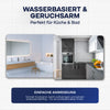 Zwei Fotos zeigen ein modernes Bad und eine Küche. Das plid PU-Fliesenlack Set mit Anlauger und Lackierset ist wasserbasiert, geruchsarm und einfach zu verarbeiten - perfekt für die Renovierung von Fliesen in Bad & Küche.
