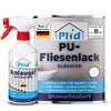 Zwei Reinigungsprodukte von plid, made in Germany: eine Sprühflasche Anlauger und eine Dose PU-Fliesenlack mit Anlauger, beide mit blauem Etikett und deutschem Text - ideal zum einfachen Renovieren von Fliesen in Bad und Küche.