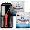 Ein plid PU-Fliesenlack Lackierset mit rotstieligem Roller, Tablett und zwei Dosen Glanzfliesenlack mit blau-weißem Etikett ist ideal zum Fliesen renovieren in Bad und Küche.
