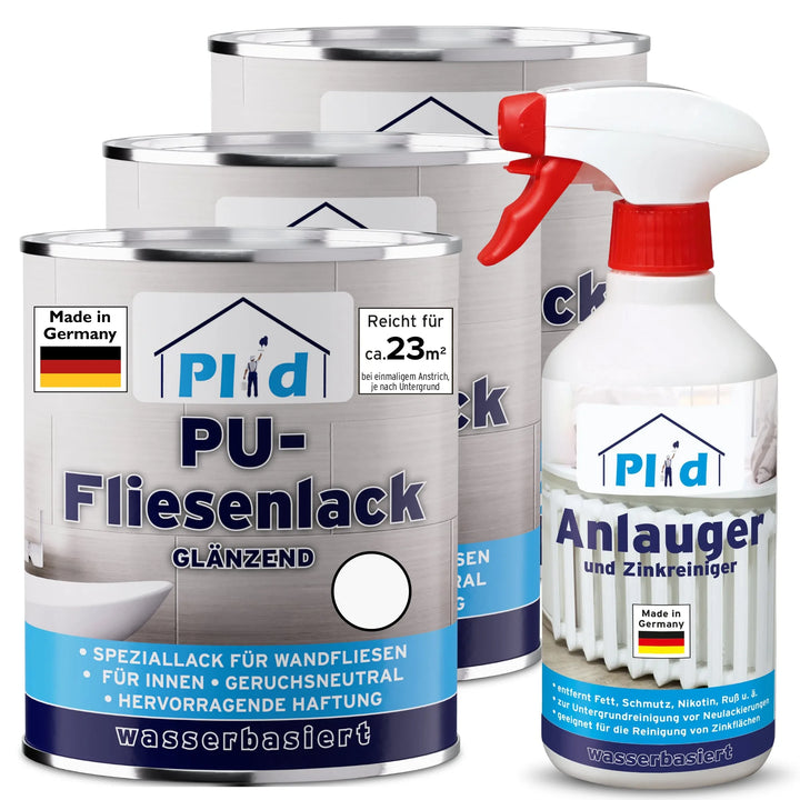Drei Dosen plid PU-Fliesenlack mit Anlauger und eine Sprühflasche, allesamt blau und weiß beschriftet, stehen für Bad &amp; Küche-German-made, wasserbasierte Lösungen perfekt zum Fliesensanieren.