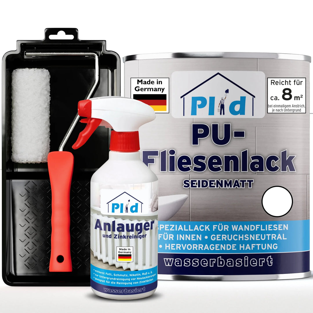 Das plid PU-Fliesenlack Set mit Anlauger und Lackierset für 8 m² enthält eine wasserbasierte, seidenmatte Formel - perfekt für die Renovierung von Bad- und Küchenfliesen.