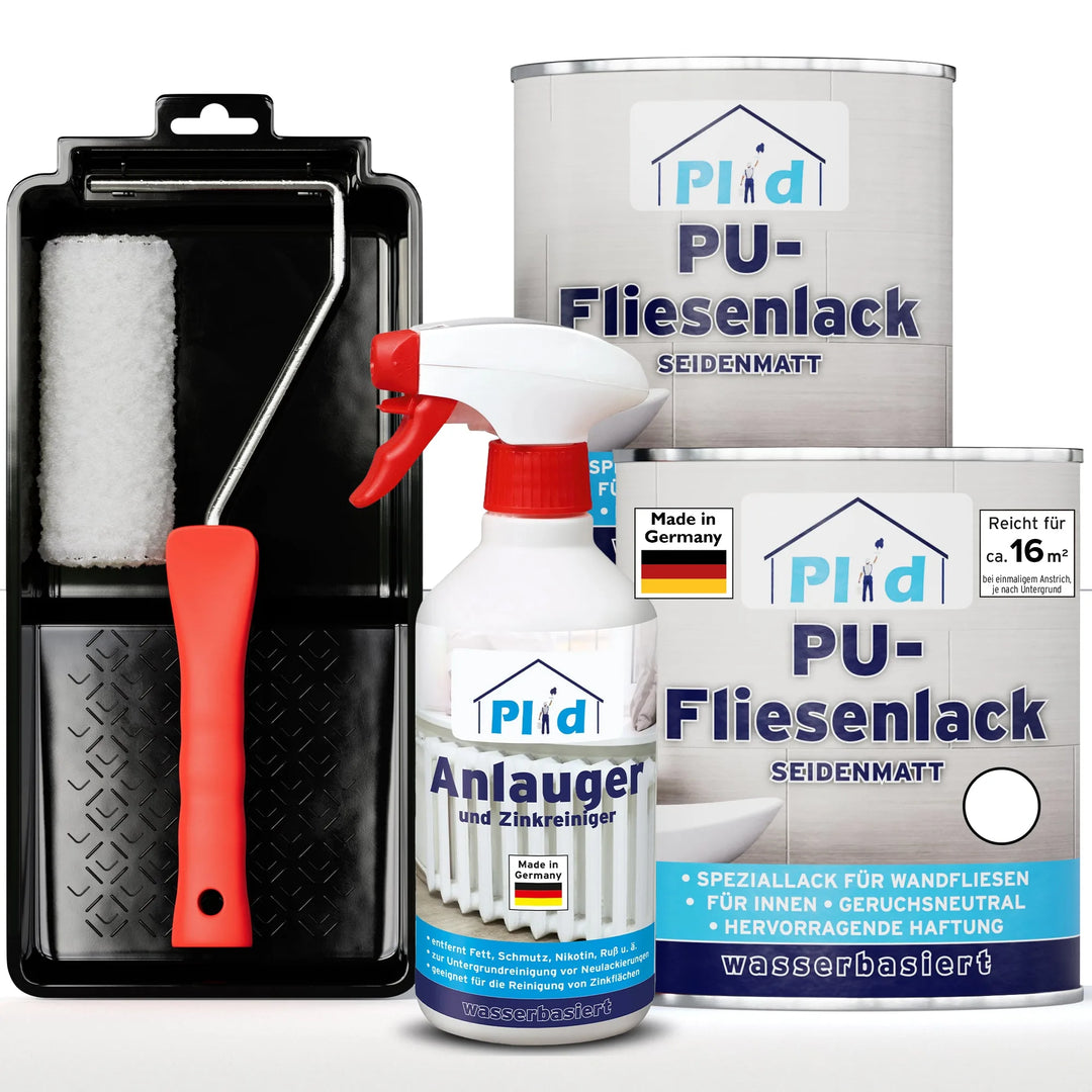 Das plid PU-Fliesenlack Set mit Anlauger und Lackierset enthält blau-weiße Fliesenfarbe, ein Farbrollerset und eine Sprühflasche mit rotem Abzug - ideal für Bad &amp; Küche.