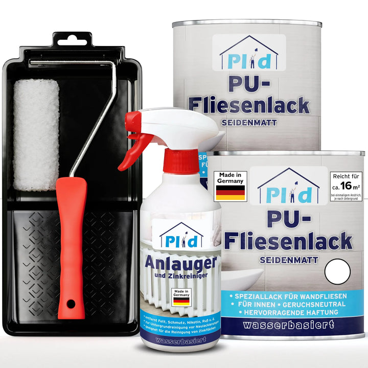 Das plid PU-Fliesenlack Set mit Anlauger und Lackierset enthält blau-weiße Fliesenfarbe, ein Farbrollerset und eine Sprühflasche mit rotem Abzug - ideal für Bad &amp; Küche.