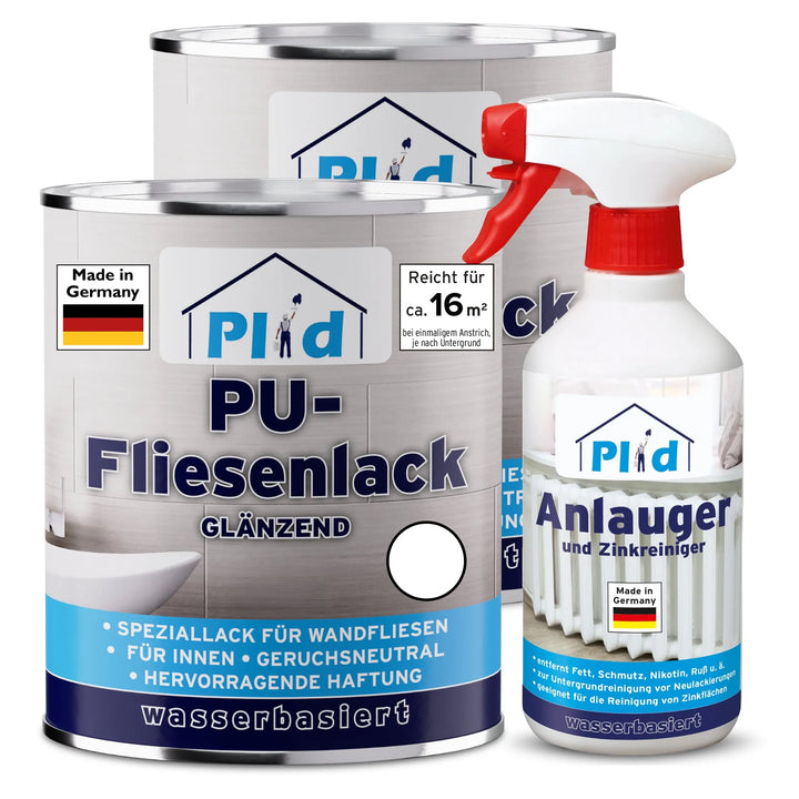 Drei Gebinde für Bad &amp; Küche: zwei Dosen plid PU-Fliesenlack mit Anlauger (Wandfliesenlack, glänzend) plus eine Sprühflasche Entfetter und Zinkreiniger - perfekt zum Fliesen renovieren. Alle Produkte sind Made in Germany.