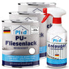 Drei Dosen plid PU-Fliesenlack mit Anlauger, alle in deutscher Sprache beschriftet und mit Made in Germany gekennzeichnet - perfekt für die Renovierung von Fliesen in Bad und Küche.