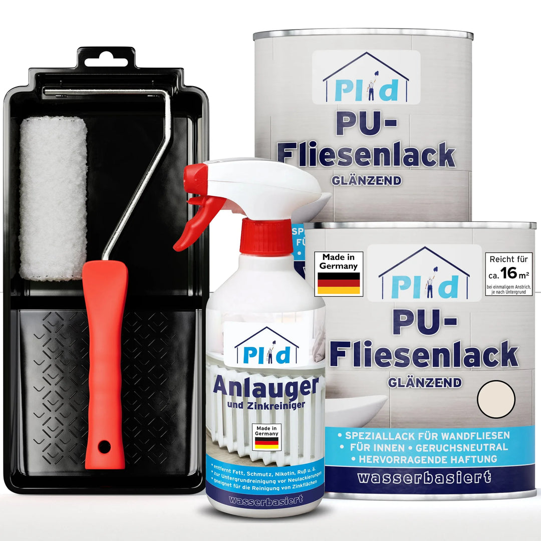 Das plid PU-Fliesenlack Set mit Anlauger und Lackierset enthält einen Farbroller, ein Tablett, eine Sprühflasche und zwei Dosen Fliesenlack für Bad &amp; Küche. Alle Etiketten sind in deutscher Sprache; die blau-weiße Verpackung hat rote Akzente am Griff des Rollers und am Sprühkopf.