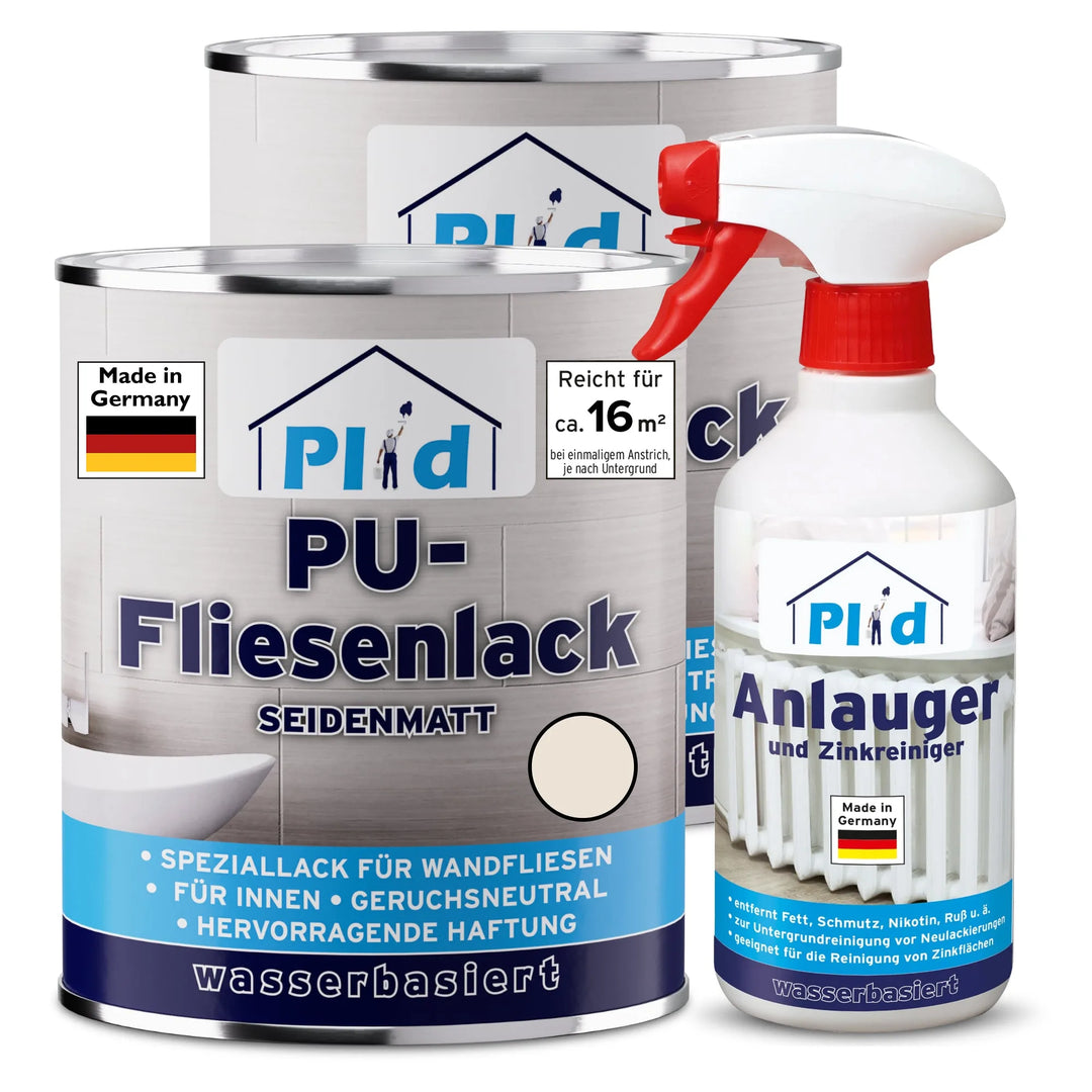 Der PU-Fliesenlack mit Anlauger von plid - wasserbasiert, geruchsneutral, made in Germany - ist perfekt für die Renovierung von Fliesen in Bad und Küche.