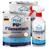 Abgebildet sind zwei Dosen plid PU-Fliesenlack mit Anlauger und ein Sprühreiniger. Die geruchsarmen Produkte auf Wasserbasis werden in Deutschland hergestellt und sind ideal für die Renovierung von Wandfliesen in Bad und Küche.