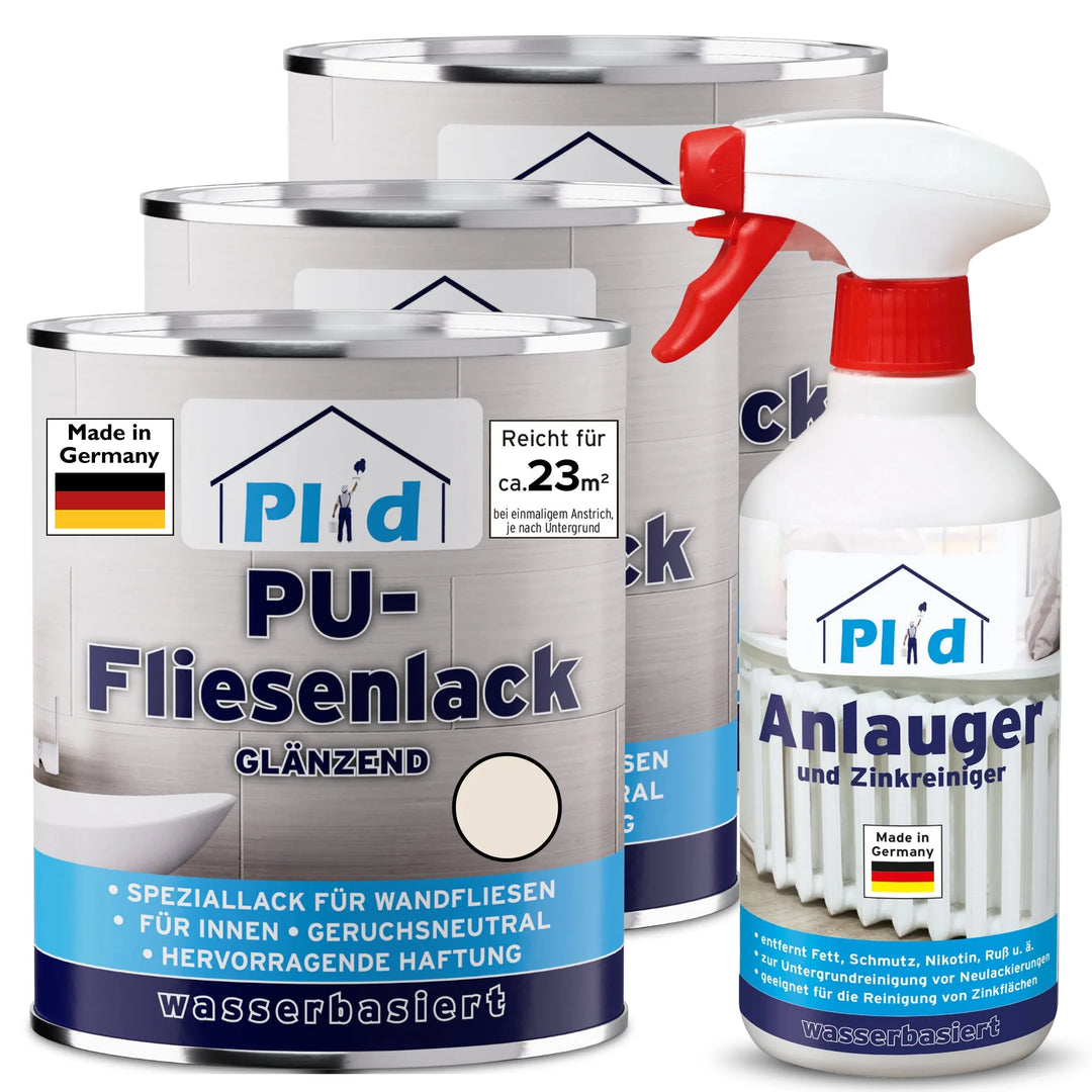 Drei Dosen plid PU-Fliesenlack mit Anlauger und ein Sprühreiniger, alle auf Wasserbasis und in Deutschland hergestellt, sind mit deutschen Etiketten für Wandfliesen im Innenbereich in Bad und Küche abgebildet, die auf Geruchsneutralität und ausgezeichnete Haftung hinweisen.