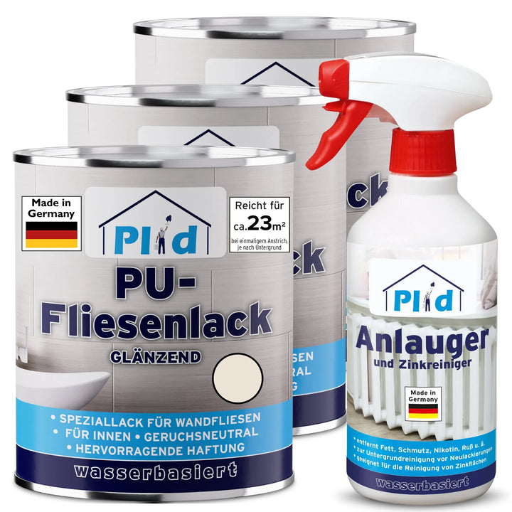 Drei Dosen plid PU-Fliesenlack mit Anlauger und ein Sprühreiniger, alle auf Wasserbasis und in Deutschland hergestellt, sind mit deutschen Etiketten für Wandfliesen im Innenbereich in Bad und Küche abgebildet, die auf Geruchsneutralität und ausgezeichnete Haftung hinweisen.