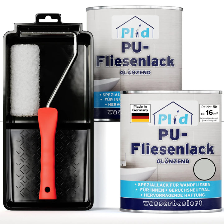 Das plid PU-Fliesenlack-Set enthält einen Farbroller mit rotem Griff, eine schwarze Schale und zwei Dosen glänzende Fliesenfarbe auf Wasserbasis (16 m² Reichweite) - ideal für die Renovierung von Fliesen in Bad und Küche. Hergestellt in Deutschland.