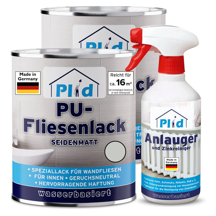 Zwei Dosen plid PU-Fliesenlack mit Anlauger und eine Sprühflasche - ideal zum Fliesen renovieren in Bad &amp; Küche. Made in Germany, alle in blauer, weißer und silberner Verpackung.